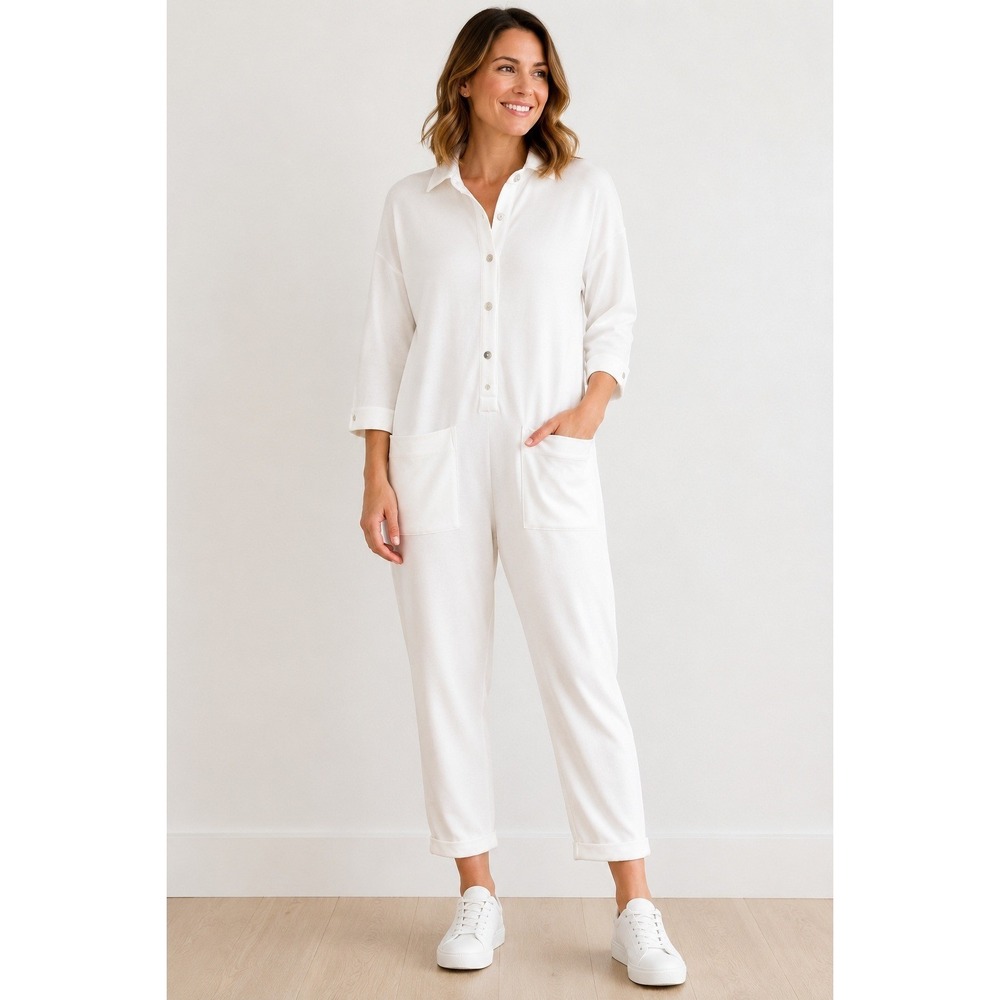 Bleusalt The Jumpsuit Long Sleeve Button Front Cream Minimalist Size Small